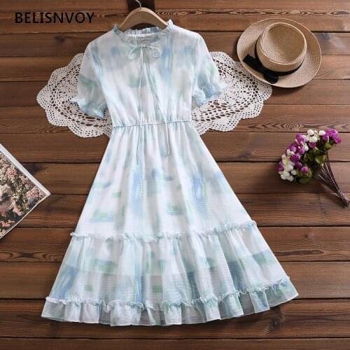 New Bow Sweet Ruffles Dress Girls Chiffon Women Casual Lace Up Elegant Long Dress Beach Dress Boho Floral Print Fairy Summer