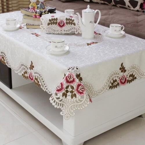 Home hotel dining wedding White Red Table Cloth with Lace Embroidered Floral Rectangular Tablecloth to table covers