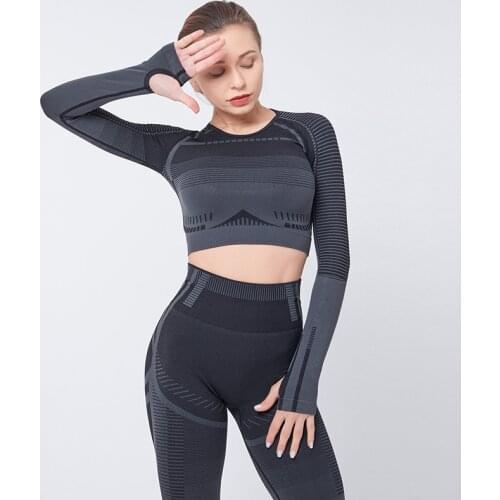 Sports yoga clothing suit tight-fitting navel long-sleeved hip-lifting elastic fitness pants suit women