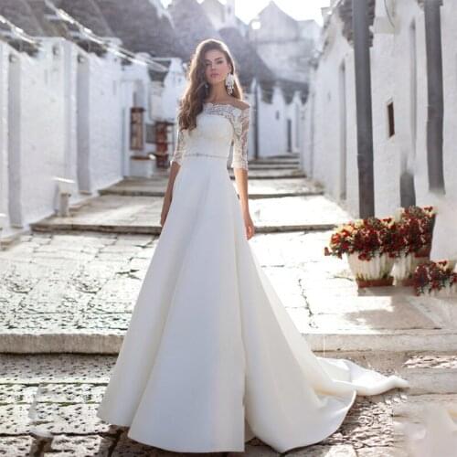Vestido de noiva Beach Wedding Dresses A Line Boat Neck Half Sleeves Satin Bohemian Sexy Bride Gowns