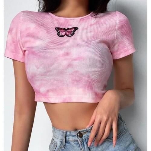 Women Hippie Cool Short Tees New Butterfly Print T-Shirts Short Sleeve Top Gradient Summer Crop Tops Female Clothes
