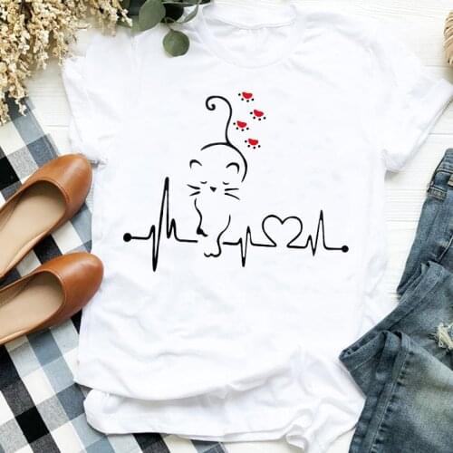 Women T-shirt Cat Heartbeat Love Casual Kawai Top Female T Shirt 90s Style Print Harajuku O-Neck Casual Tops Ladies Clothing