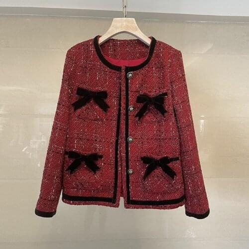 High Quality 2021 Autumn Small Fragrance Red Wine Tweed Bowknot Jacket Coat Elegant Women Single Breasted Female Outerwea