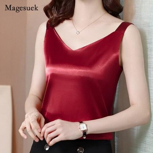 2021 Summer Silk Women Camisole Blouse White Solid V-neck Top for Women Elegant Office Lady Satin Sleeveless Blouse Blusa 14862