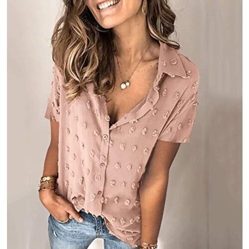 40# Solid Color Short Sleeve Women TShirt Chiffon Button Turn-down Collar Casual T-Shirt Elegant Tops For Women Summer Roupas