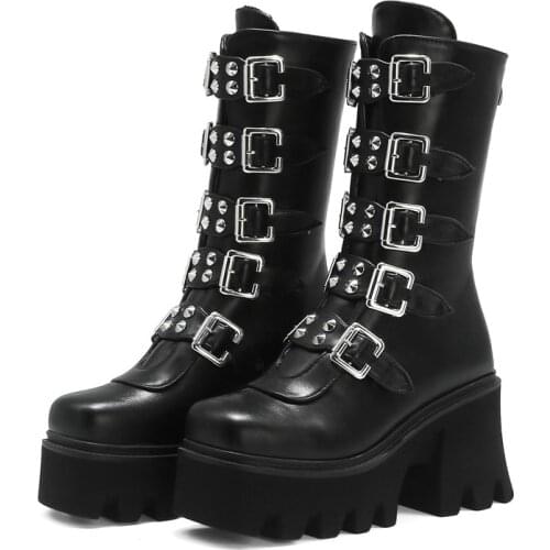 Winter Gothic Punk Womens Platform Boots Black Buckle Strap zipper Creeper Wedges Shoes Mid Calf Military Combat Boots