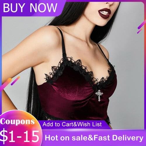Gothic Velvet Crop Tank Top Women Sexy Cross Black Lace V-neck Harajuku Punk Strapless Aesthetic Patchwork Camis Streetwear Tops