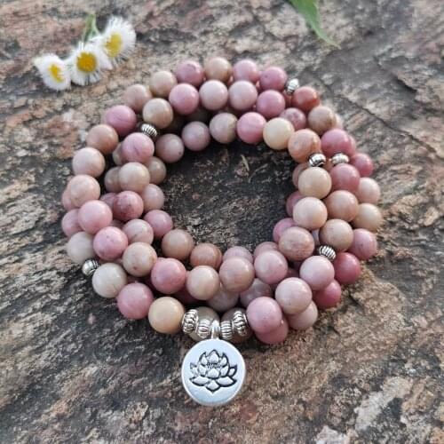 108 Beads Mala Lotus Bracelet 8MM Rhodonite Beads Bracelet For Women Meditation Yoga Jewelry Drop Ship