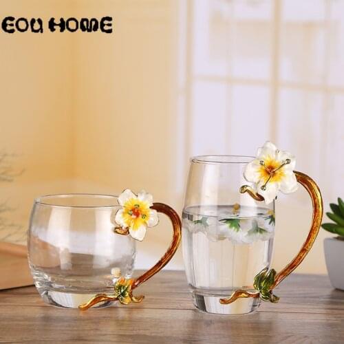 470ml Lily Enamel Coffee Mug Crystal Flower Tea Cup Heat-resistant Glass Cups and Mugs Water Fruit Juice Milk Coffee Drinkware