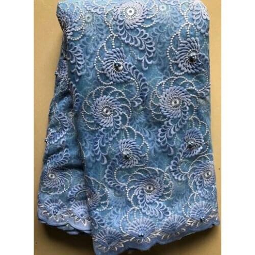 African Lace Fabric 2021 High Quality Lace, Pearls Embroidery Tulle Lace Fabric, African Lace stones 5 Yards ELL5093 sky blue
