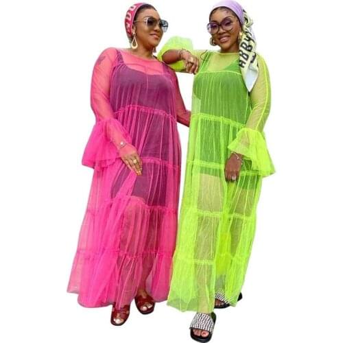 African Dresses For Women 2021 Plus Size 4XL Summer Long Sleeve Net Yarn Perspective Maxi Dress Fashion Beach African Robes Lady