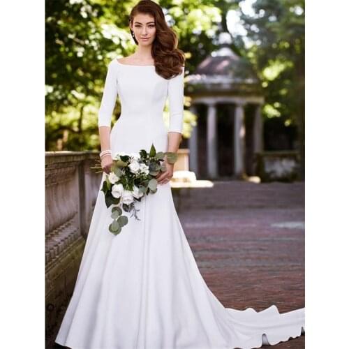 Satin Wedding Dresses Boat Neck Bride Dresses Simple Vestido de novia Mermaid Half Sleeve Elegant Beach Party Wedding Gowns