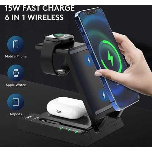 15W Fast Wireless Charger 6 in 1 Qi Charging Dock Station For iPhone 12 11 Pro XS MAX XR X 8 Apple Watch SE 6 5 4 3 AirPods Pro
