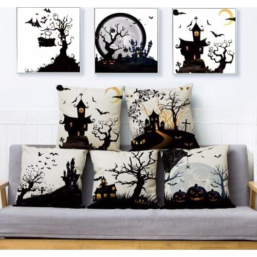 Cartoon Halloween Castle Print Throw Pillow Cover 45*45cm Square Cushion Covers Linen Pillow Case Sofa Home Decor Pillows Cases