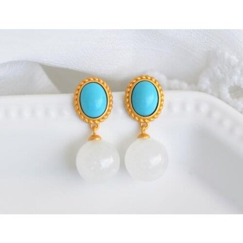 Designer original new silver inlaid natural turquoise fresh Hetian white jade earrings simple and exquisite ladies jewelry