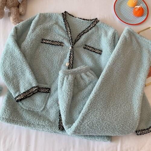 Fdfklak Womens Winter Set Pyjama Thicken Warm Flannel Home Clothes For Girls 2 PCS Cardigan Sleep Pajama Pijama Femenino