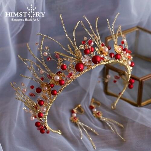 Himstory European Baroque Red Beads Wedding Tiaras Crown Handmade Crystal Headpieces Brides Pearls Headband Party Hair Accessory
