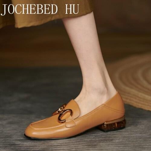 【JOCHEBED HU】2021 New Genuine Leather Loafers Fashion Spring and Autumn Womens Shoes Square Toe Thick Heel Handmade Size 33-41
