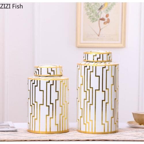 Ceramic Desktop Vase Decoration Storage Tank Crafts Living Room Cabinet Creative Gift White Gold Pattern with Lid Storage Bottle