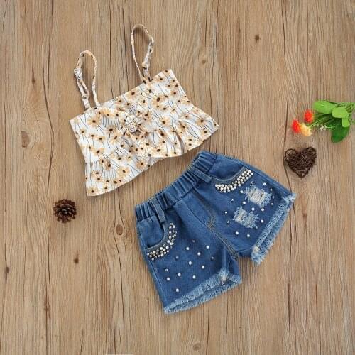 2pcs Summer Kids Floral Print Sleeveless Ruffle Sling Tops Ripped Denim Shorts With Faux Pearls Fashion Sweet Girls Clothes Sets