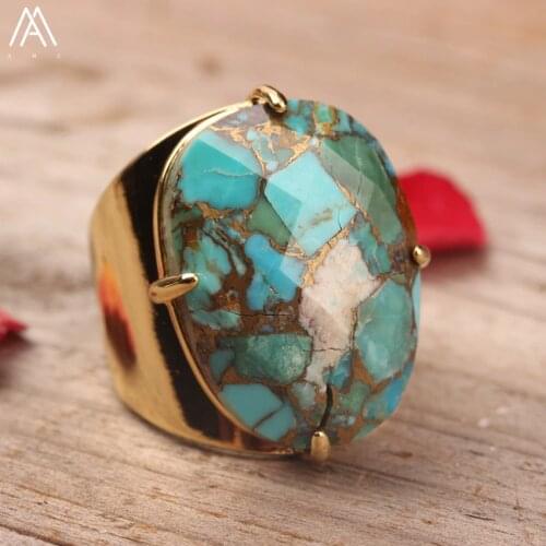 Natural Lapis Turquoises Stone Slab Beads Open Finger Rings Jewelry Women Gems Stone Beads Gold Adjustable Rings Dropship