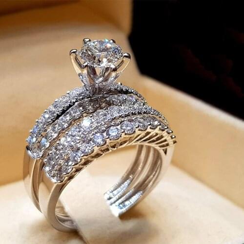 2021 New Classic Wedding Engagement Double Ring Set For Women Men Shine White Zircon Silver Plated Jewelry Party Birthday Gifts