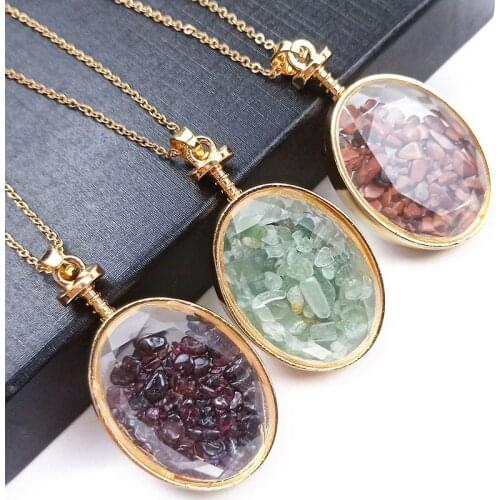 Oval Shape Glass Natural Chip Stone Pendant Wish Bottle Crystal Polished Message Necklace Wishing Bottle