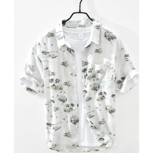 Print Beach hawaiian Shirt for Men Summer New Vacation Tops Male white Thin Slim Fit Button Up Retro Clothes