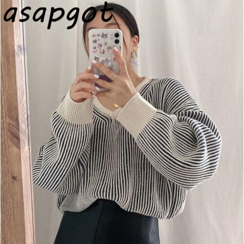 Simple Chic Winter V Neck Loose Batwing Sleeve Sweater Vertical Stripes Hit Color Knitwear Long Sleeve Pullover Tops Patchwork