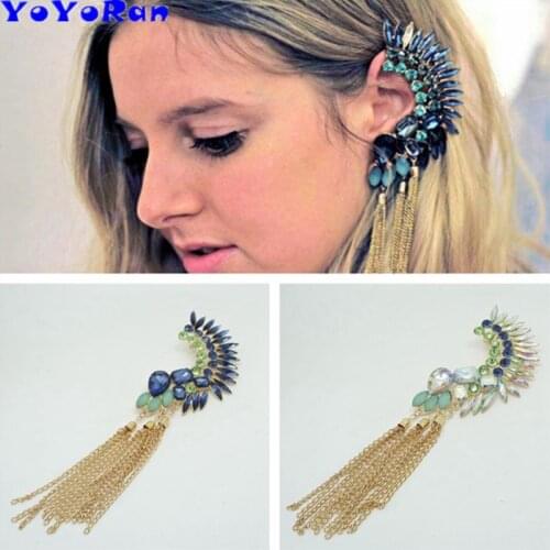 3 Piece Retr crystal feather Indian clip earring ear cuff Punk rock Ethnic single earring gem stone tassel chain earring jewelry