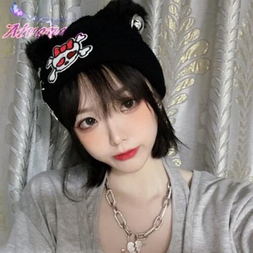 Harajuku Skull Cross Girls Hat Cape Autumn Winter Knitwear Y2K Streetwear Cute Ear Hats AFC1199