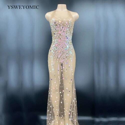 Rhinestone Sequin Mesh Perspective Long Dress Women Birthday Party Outfit Sexy See Through Singer Dresses For Stage Wear