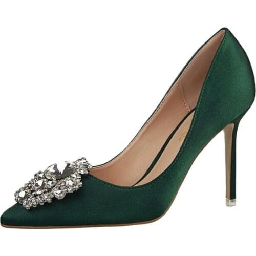 Rhinestone womens shoes, stiletto heels, high heels, sexy, thin, shallow, pointed toe shiny rhinestone buckle single shoes