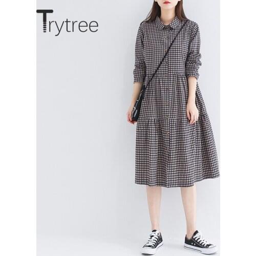 Trytree 2020 Spring Autumn Casual Womens Dress Turn-down Collar Cotton Blend A-line Hem Plaid Sweet Single-breasted Shirt Dress