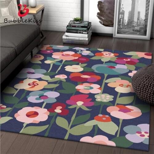Bubble Kiss Nordic Style Vintage Dark Blue Floral Pattern Carpet Polyester Area Rugs for Living Room Non-slip Home Decor Mats