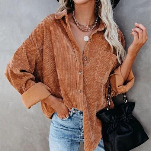 2021 Velvet Solid Women Shirt Jacket Long Sleeve Button Casual Loose One Pocket Lapel Cotton Female BF Style Coat Outwear Tops