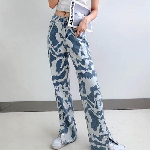 High Waist Tie Dye Straight Jeans For Women Split Buttons Decorate Denim Pants Fall Loose Printed Trousers Female 3182