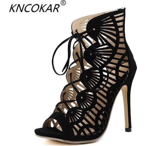 Women Pumps Brand Designer High Heels Cut Outs Lace Up Open Toe Party Shoes Woman Gladiator Sandals Women Sexy Ladies Black