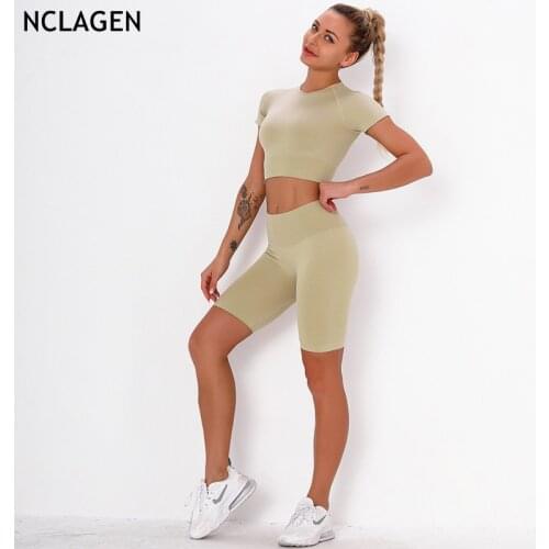 NCLAGEN Seamless Yoga Suit Sport Set 2 Piece Women Fitness High Waist Short Gym Top Knitted Workout T-Shirts Running Sportwear