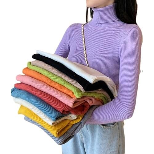 Womens Sweaters Autumn Winter Turtleneck Long Sleeve Casual Knitted Jumper Fashion Slim Elasticity Pullover Sweater Female 2021