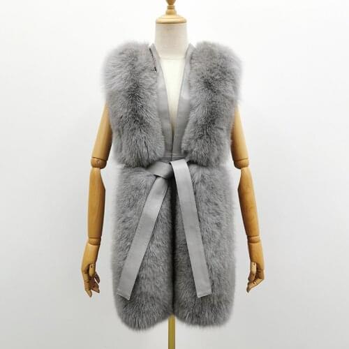 Elegent Belt Design Women Winter Real Fox Fur Vest With Genuine Leather