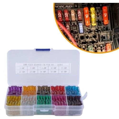 100PCS Assorted Car Fuses 3A 5A 7.5A 10A 15A 20A 25A 30A 35A 40A Amp with Box Clip Assortment Auto Blade Type Fuse Set Truck
