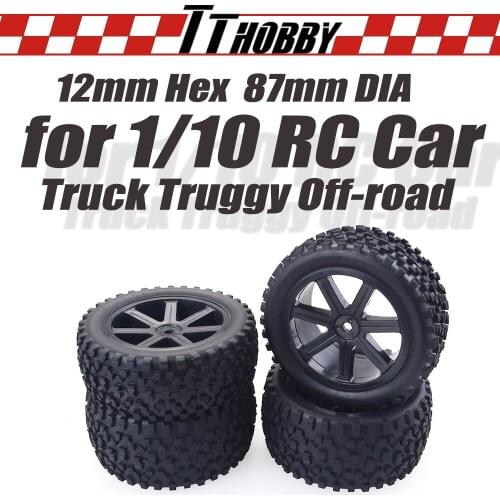 TTHOBBY 4PCS Tires Wheels 87mm 12mm Hex Rim Tire Wheel for 1/10 1/12 1/14 RC Car Buggy Traxxas HSP HPI Truck Off Road Wltoys