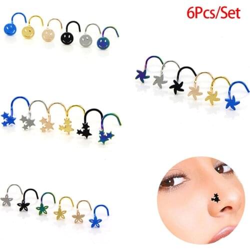 6Pcs/Set Colorful Flower Maple Leaf Foot Spider Shape Surgical Steel Nose Studs Screw Ring Bone Bar Pin Piercing Jewelry