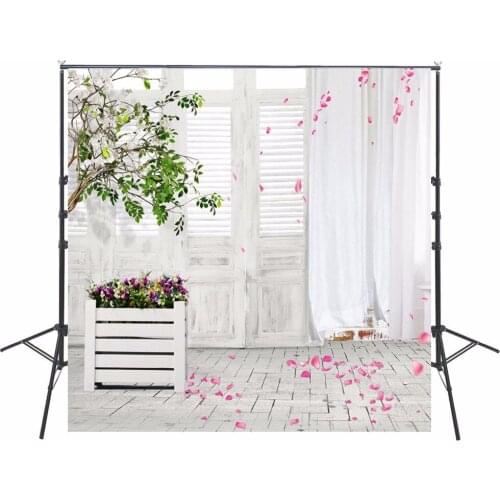 White Door Brick Floor with Pink Flowers Photography Background 200*300cm Green Tree with Wood Case Photo Backdrops Newborn Baby