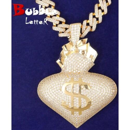 Big Size Heart Shape Pendant Womens Gold Color Zircon Hip Hop Necklace Rock Jewelry