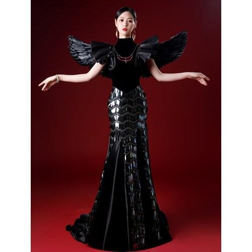 Black/white mermaid sequined dress with detachable wing stand collar vintage gown Renaissance Gown queen Victorian Belle