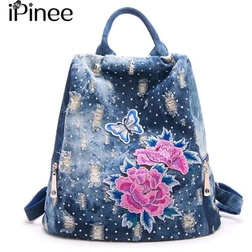IPinee Anti-theft travel denim backpack casual personality women flower embroidery bags school jeans backpack teenager plecak