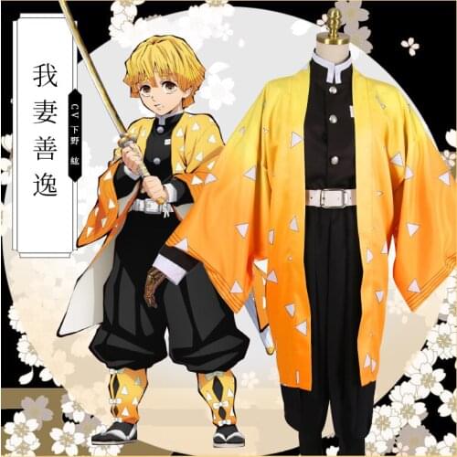 Anime Demon Slayer Agatsuma Zenitsu Cosplay Costumes Kimetsu no Yaiba Men Kimono Halloween Costumes Coat Top Pant and Belt