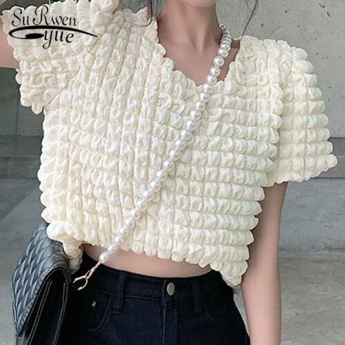Summer Shirts Bubble Puff Check Loose Ladies Tops Women O-neck Solid Wave Cut Casual Sweet Cute Kawaii Fashion Dating 14909